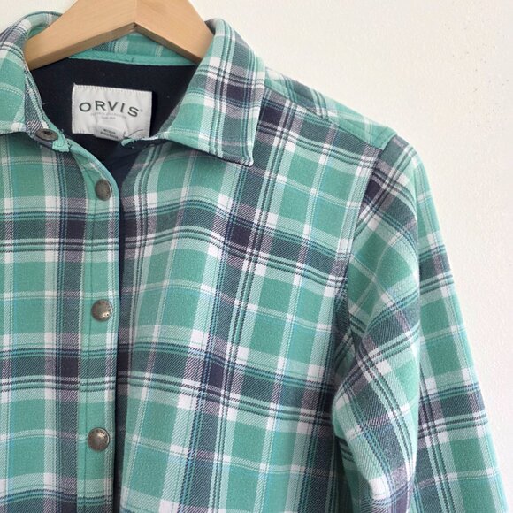 Orvis Flannel Shacket, Fleece Lined Green and Blue Shirt Jacket, Fall Transition - Picture 4 of 9